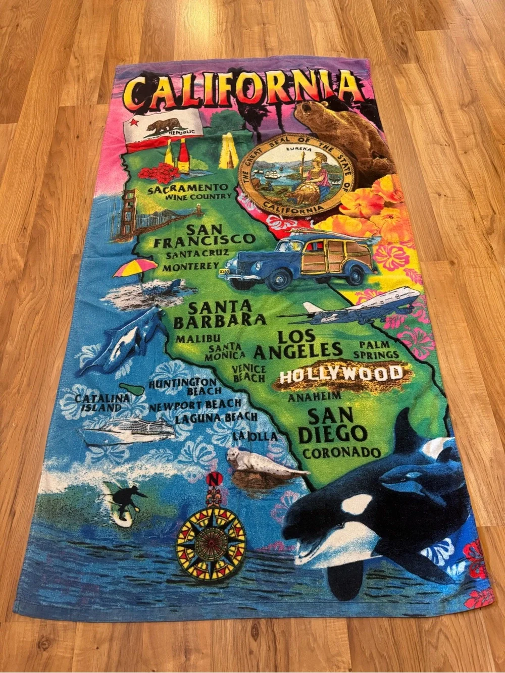 California Beach Towel Map Woody Wagon Coastal I5 Great Seal Colorful Pool Towel